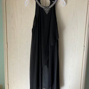 NEW Liligirl Black Asymmetric hem, Chiffon overlay embellished neck dress, Sz L
